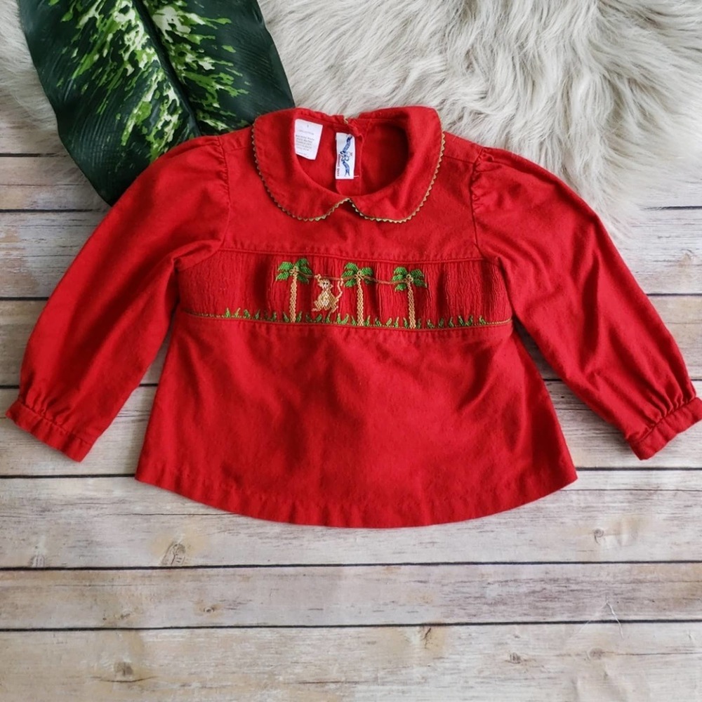 Silly Goose Hand Smocked Red Monkey Top